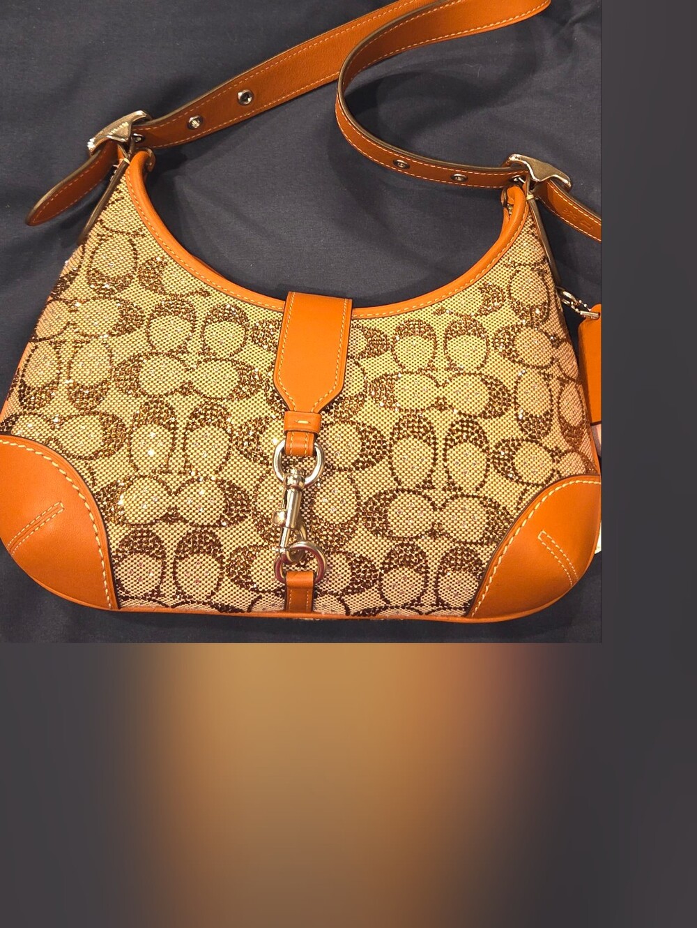 *SOLD* Coach Crystal Hampton's hobo Shoulder Bag in Tan and Orange Leather Trim
